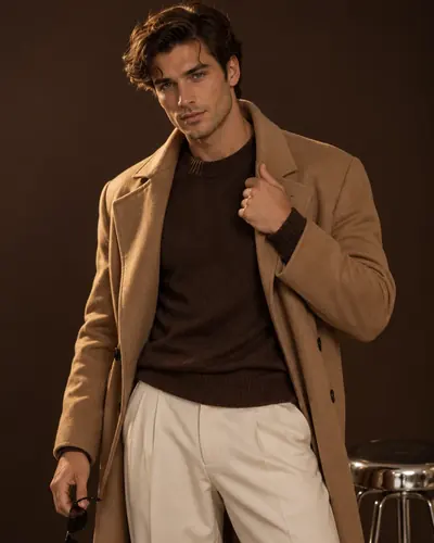 Male build 02, male sex doll wearing an oversized camel overcoat over a chocolate-brown knit sweater